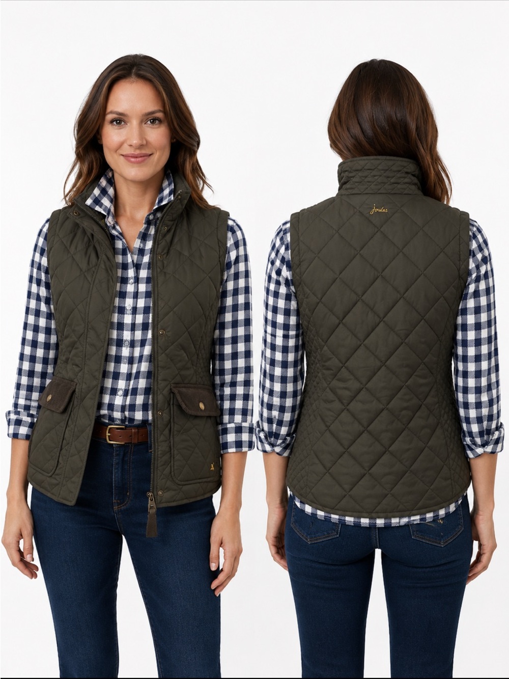 Joules Green Quilted Equestrian Vest Corduroy Pockets Gold Hardware Size 8